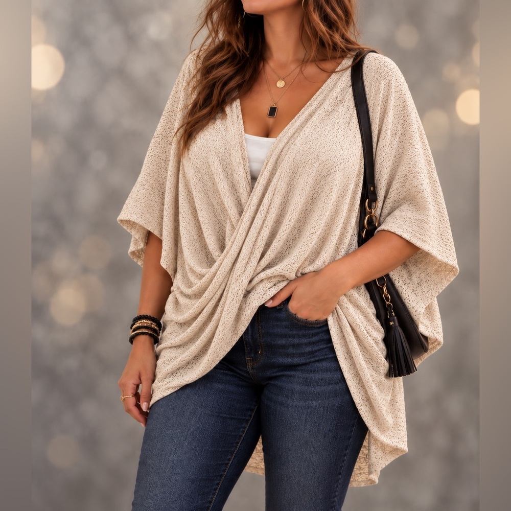 Anthropologie Ami Twist Kimono Criss Cross Cream Sweater Cardigan One Size